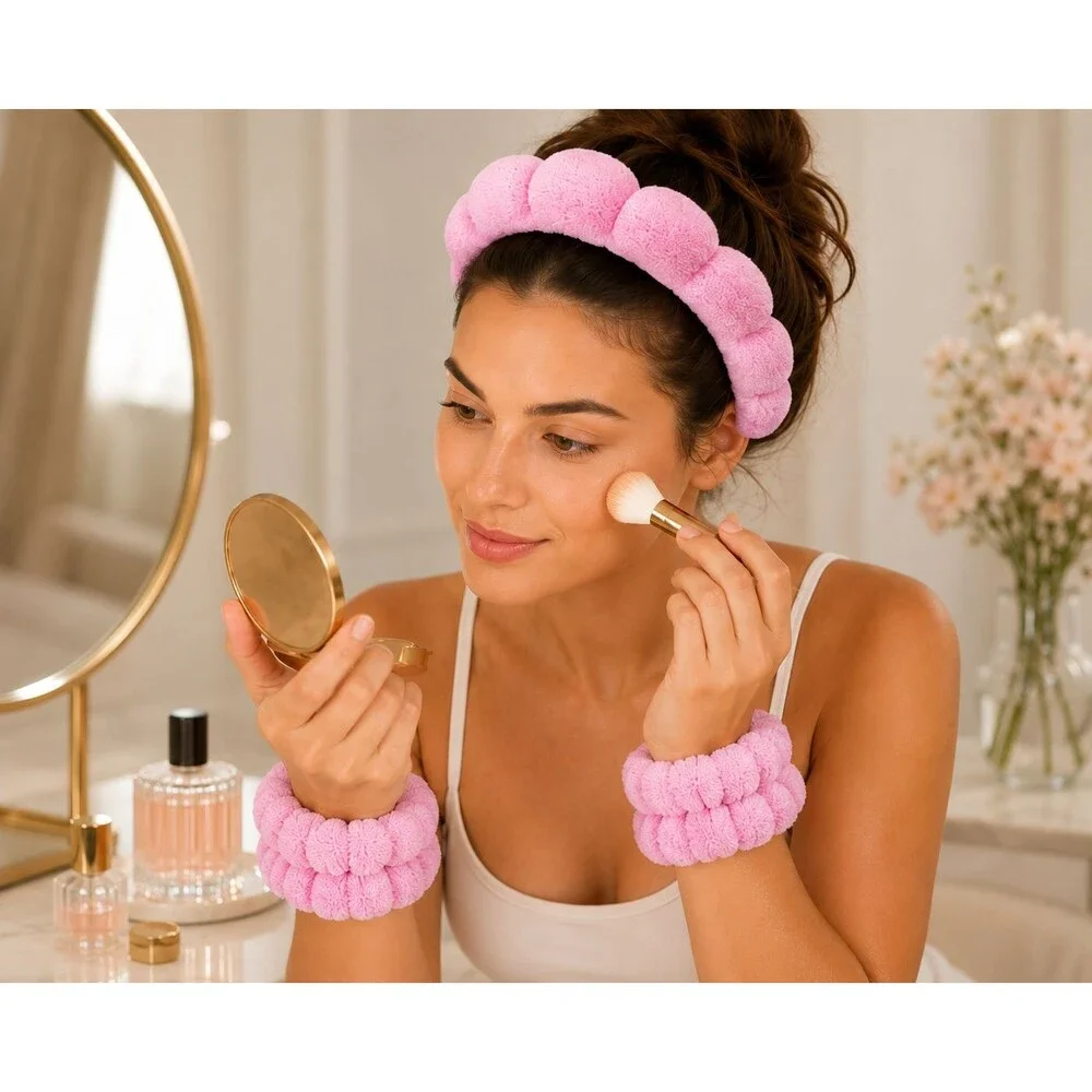 Pink Puffy Spa Headband & Wrist Wash Band Set Terry Cloth Skincare Makeup NEW